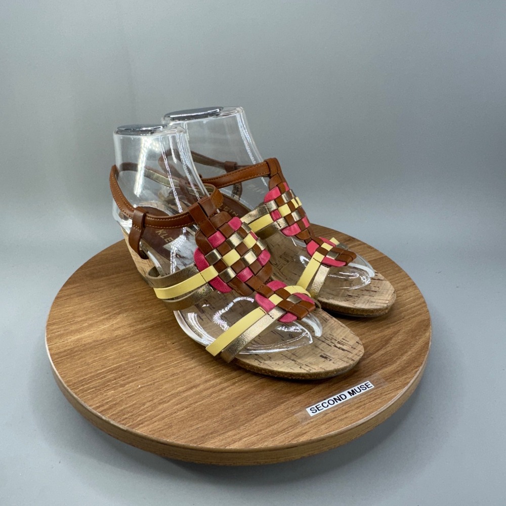 Anne Klein Wedge Sandals 6.5M Brown Multi Cork Strappy Boho Summer Shoes